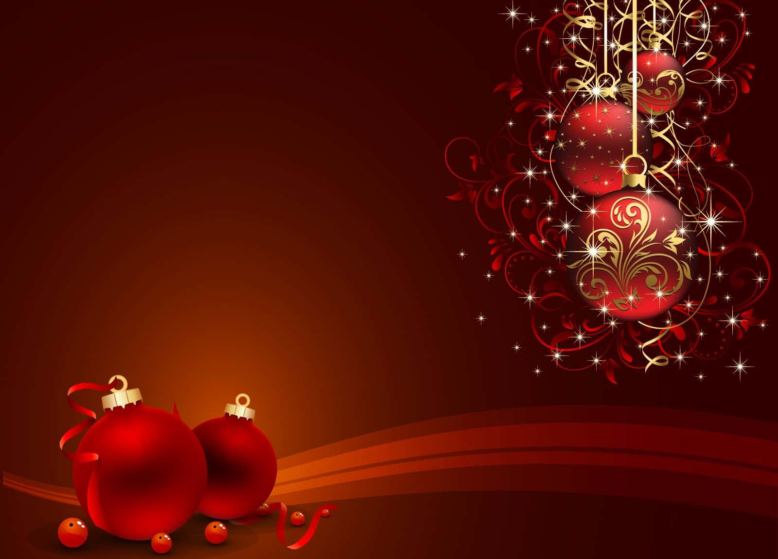 glossy red Christmas ornaments, gold swirls, sparkling stars, HD Desktop Wallpaper