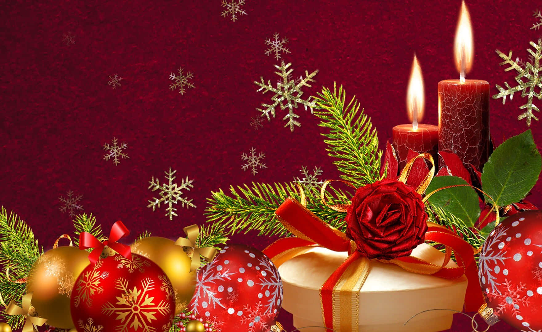 Red Aesthetic Christmas, red candles, green pine branches, HD Desktop Wallpaper