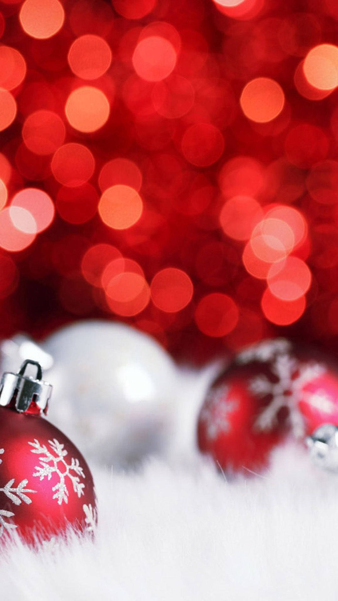 shiny red and white snowflake ornaments, fluffy white fur, vibrant red bokeh background, Full HD Phone Wallpaper