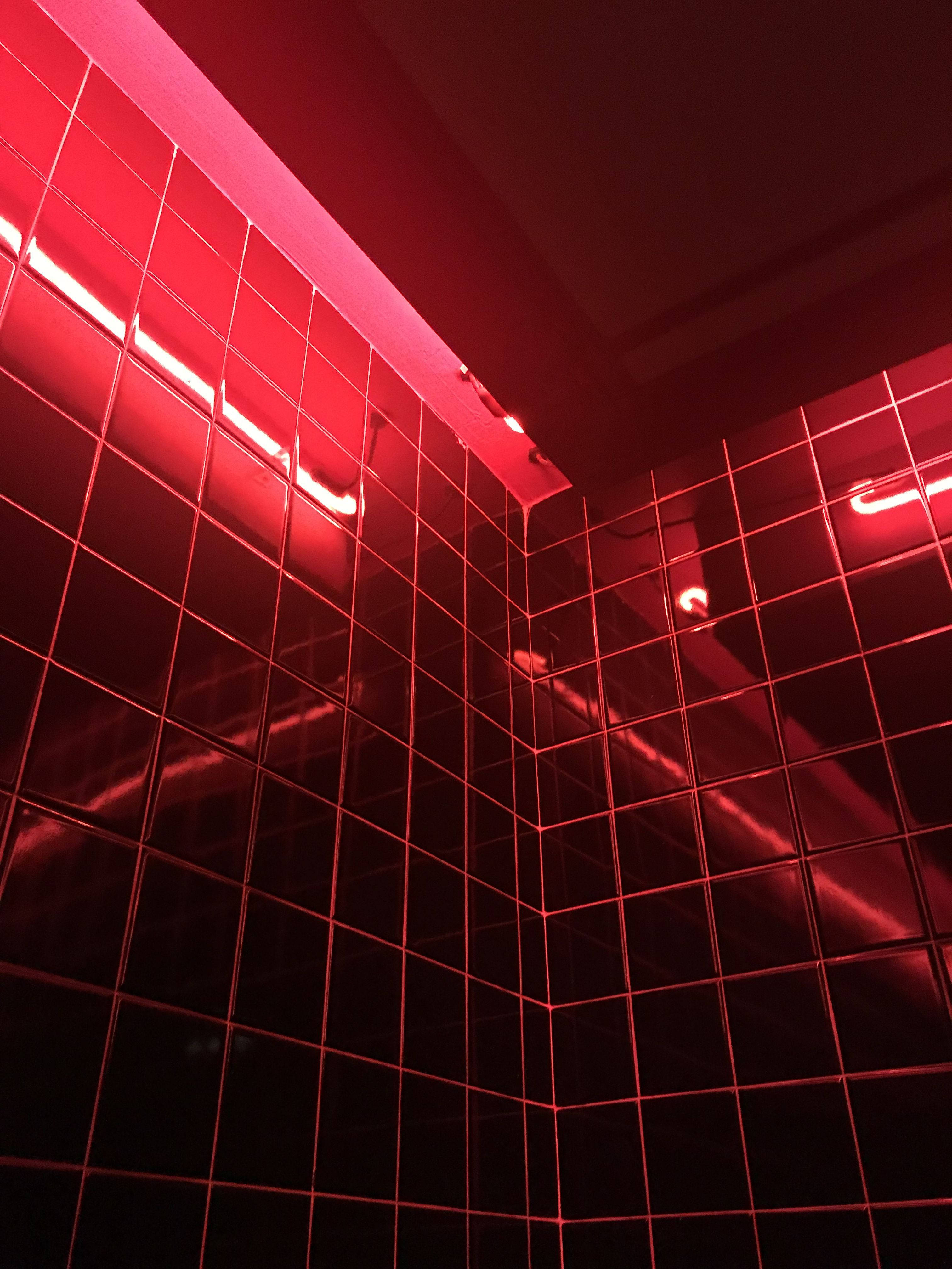 Grid Mirror Wall, red neon light, glossy black tiled walls, 4K Phone Wallpaper
