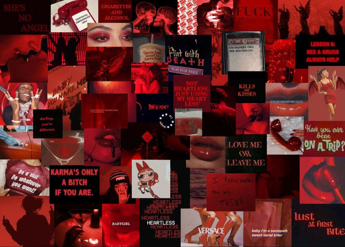 Red Aesthetic Laptop, chaotic red-toned collage, provocative text images, SD Desktop Wallpaper