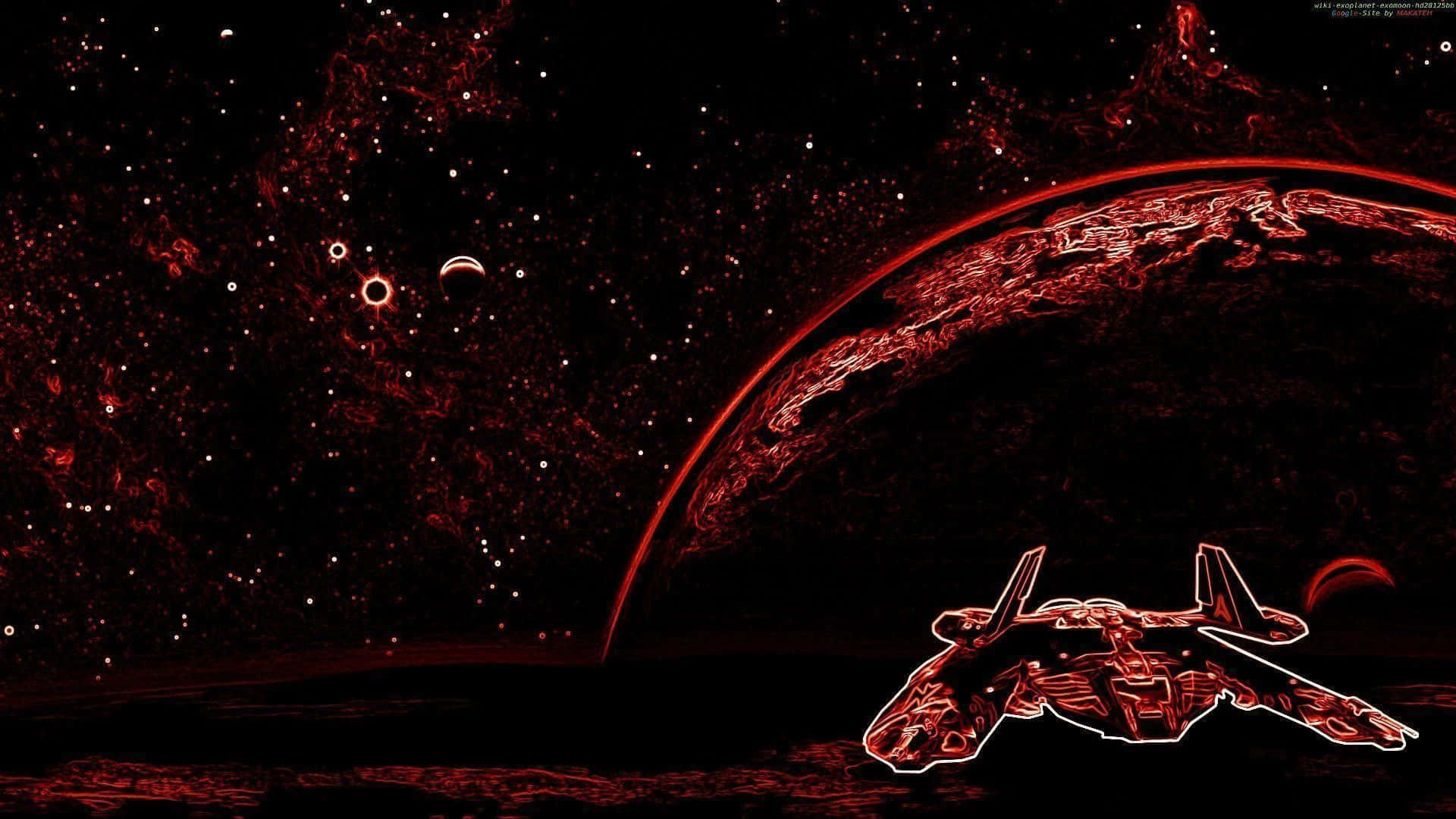 Red Aesthetic Laptop, planet, stars, Full HD Desktop Wallpaper