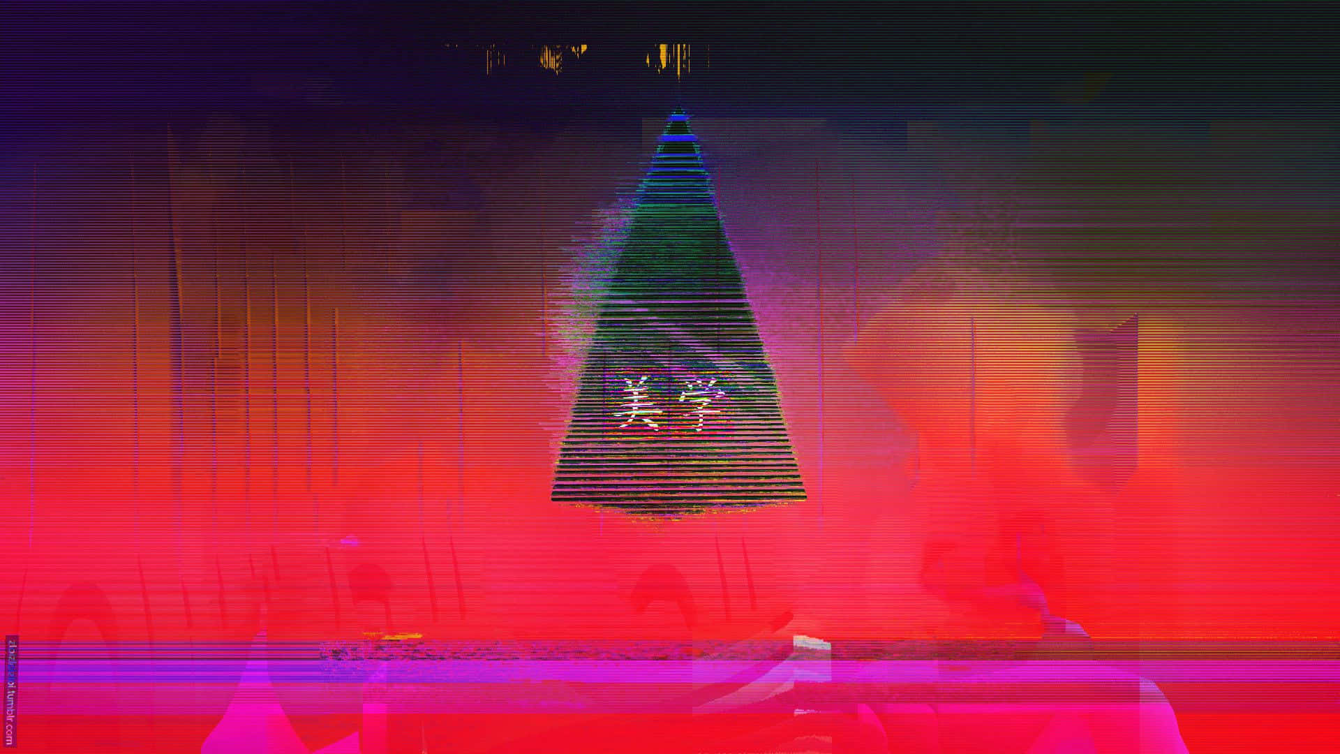 Red Aesthetic Laptop, floating prism, glitch-art pyramid, Full HD Desktop Wallpaper