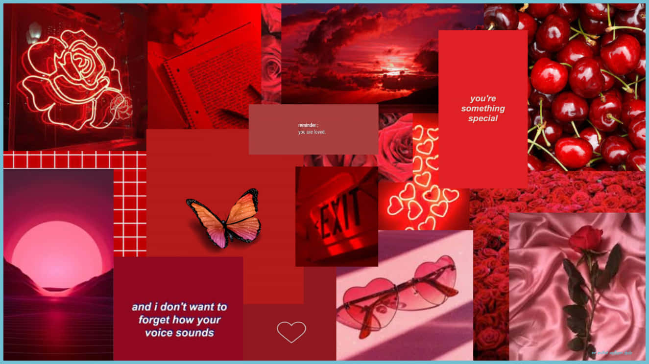 red aesthetic laptop, roses, hearts, HD Desktop Wallpaper
