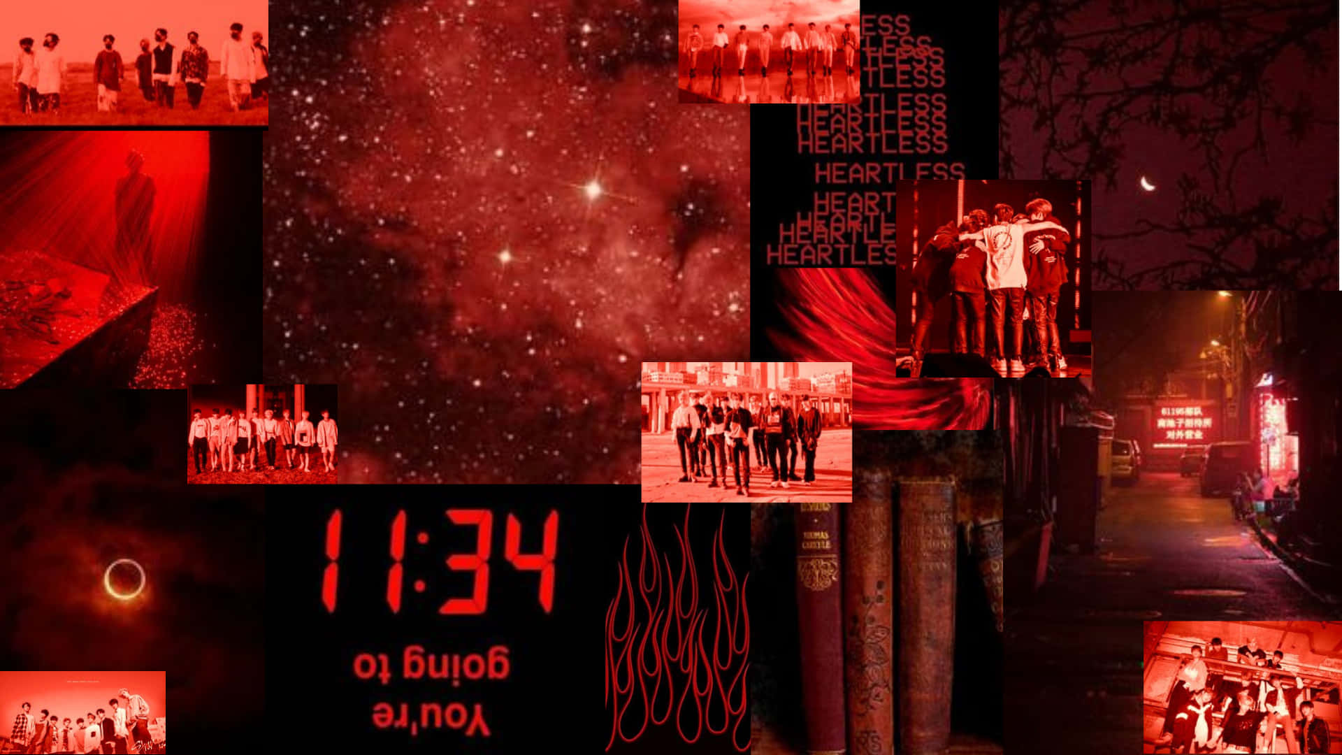 Red Aesthetic Laptop, fireworks, clock, Full HD Desktop Wallpaper