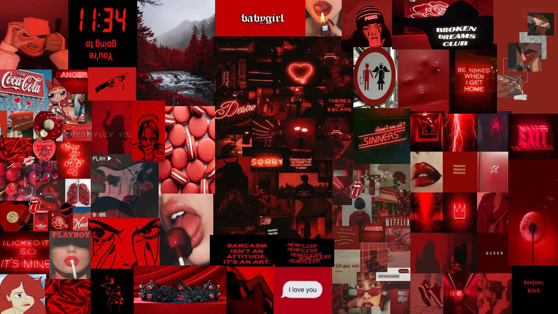 Red Aesthetic Laptop Theme, pop culture icons, text snippets, Full HD Desktop Wallpaper
