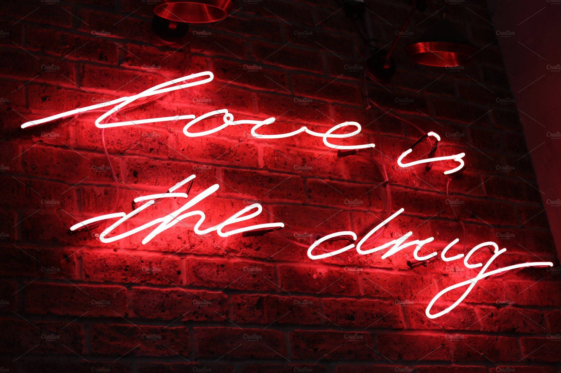 Love is the drug, glowing red neon sign, textured brick wall, HD Desktop Wallpaper