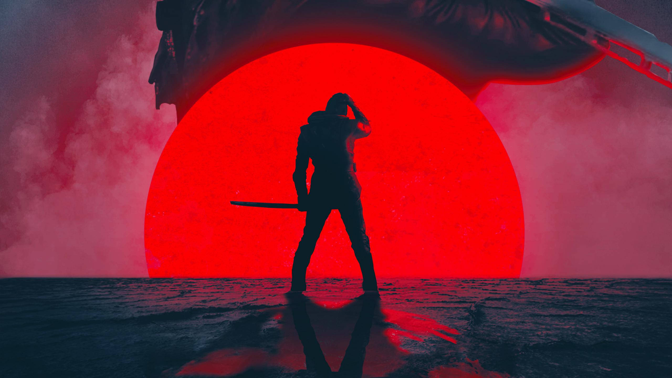 warrior silhouette, water, sword, 2K Desktop Wallpaper