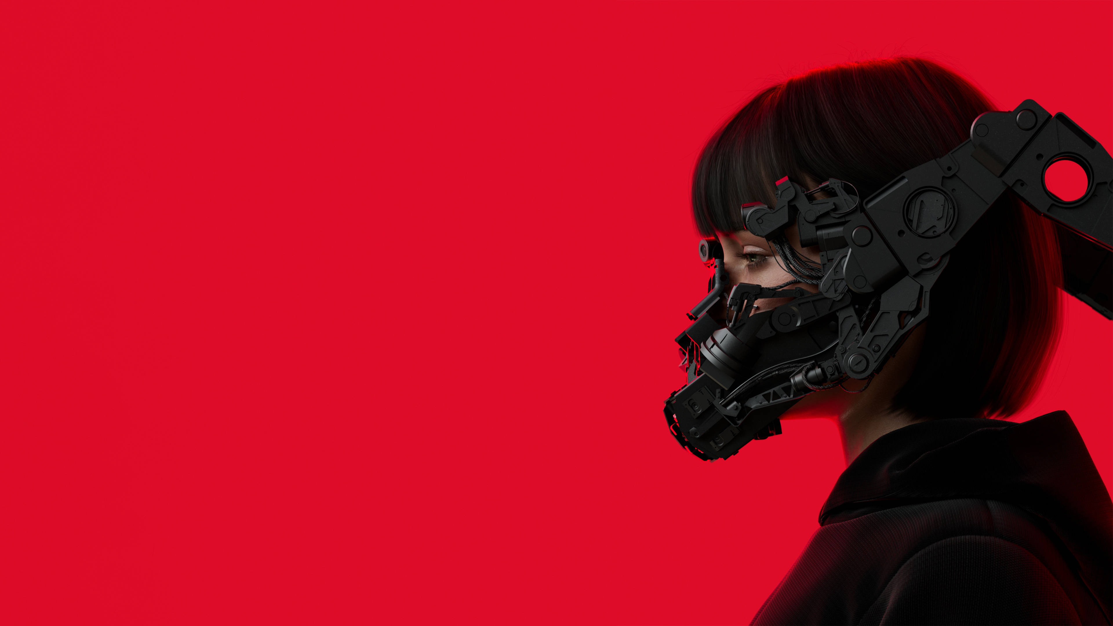 Black Red 4K Cyberpunk, black mechanical mask, short dark hair, 4K Desktop Wallpaper