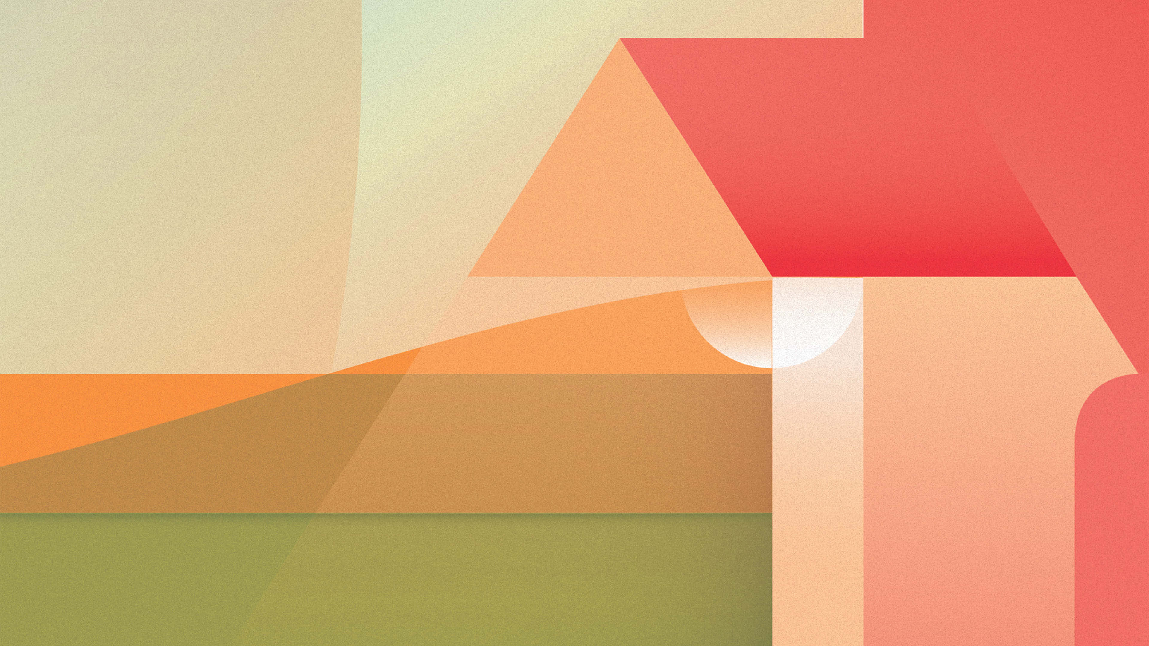 Simple Minimalist Red Orange House, abstract geometric sunset, warm layered gradients, 4K Desktop Wallpaper