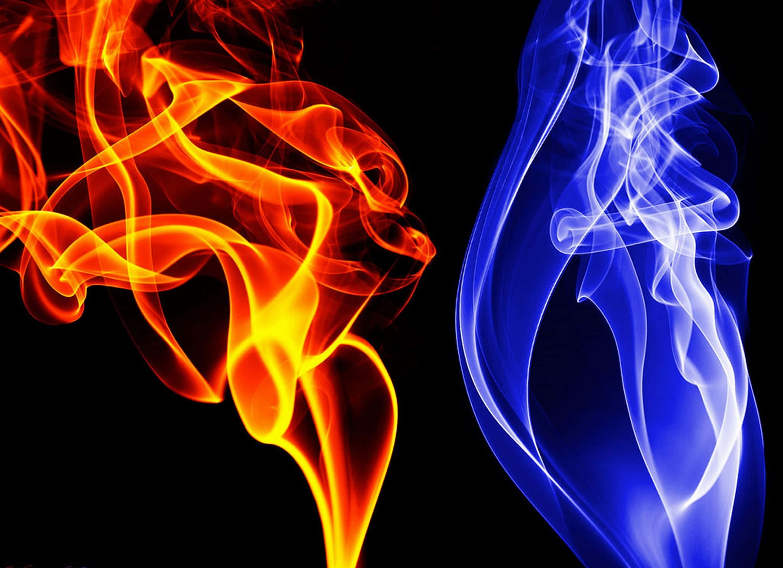 Red And Blue Fire, orange and blue smoke, pure black background, 2K Desktop Wallpaper
