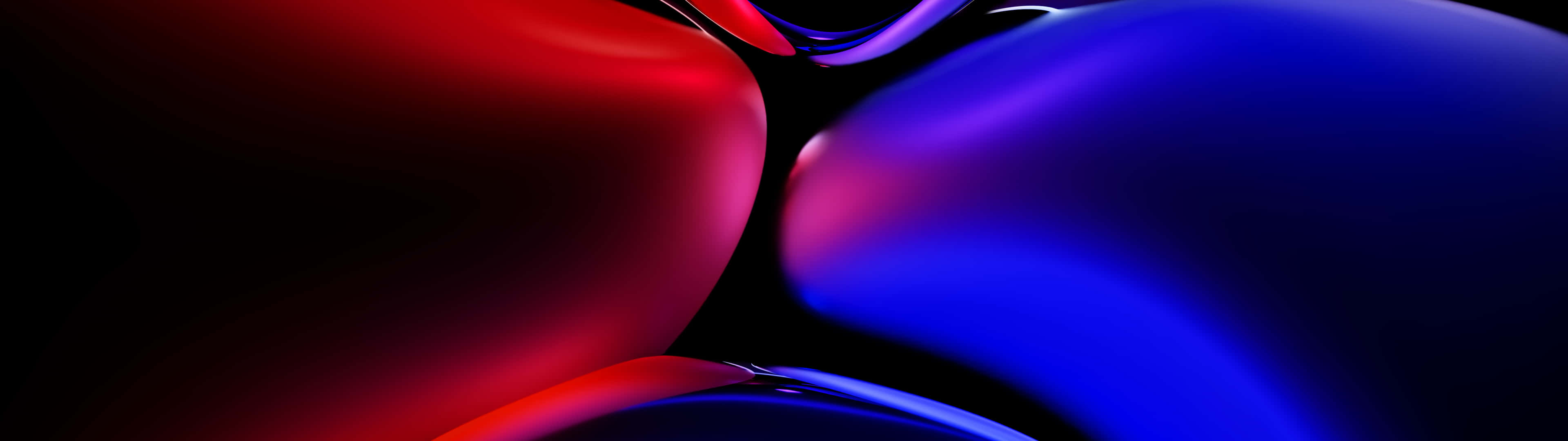 Vibrant red, blue glossy abstract shapes, black background, 4K Desktop Wallpaper