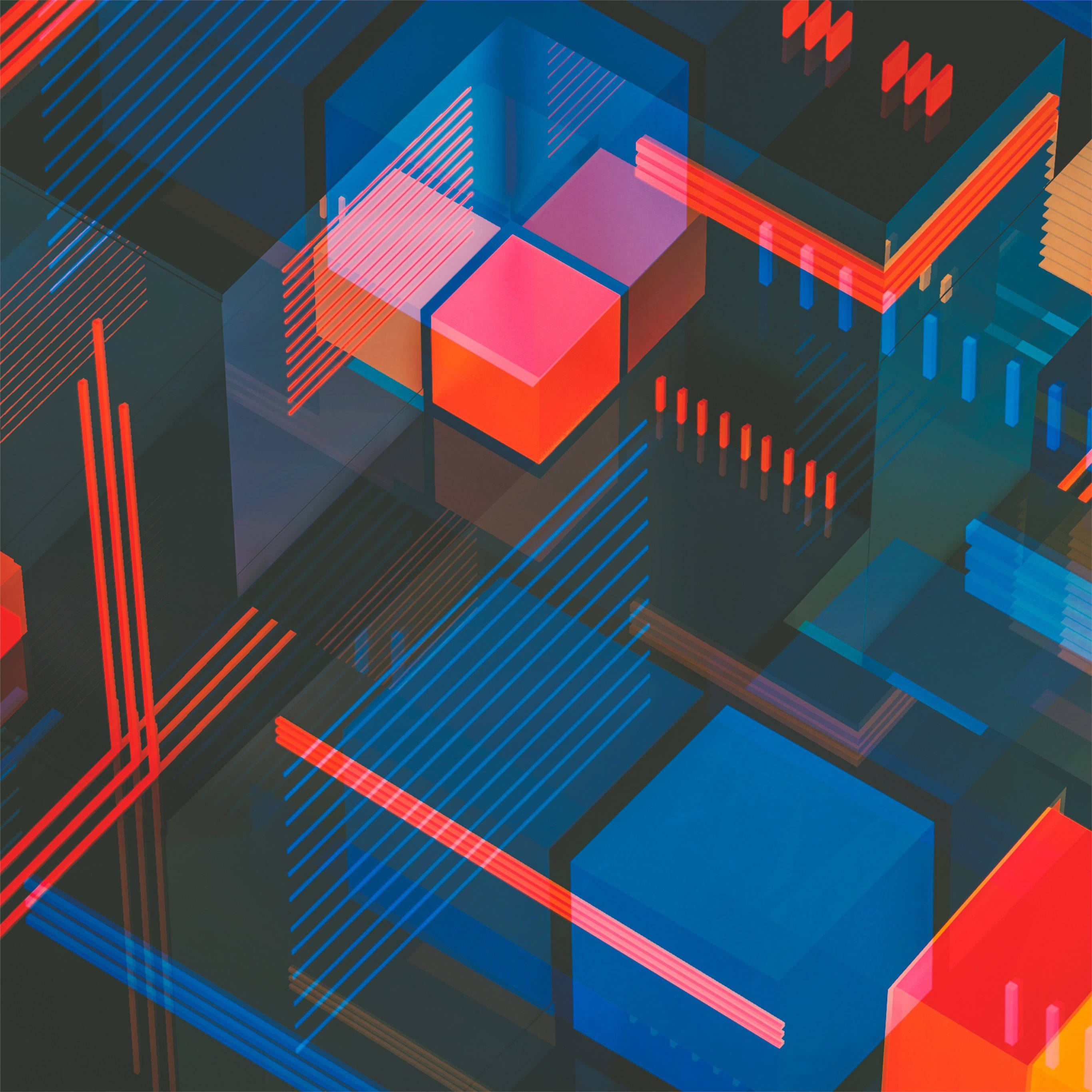 neon red, blue, geometric cubes, 2K Desktop Wallpaper