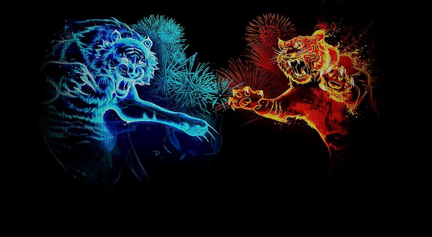 glowing blue flames, fiery orange tigers, icy blue tigers, HD Desktop Wallpaper