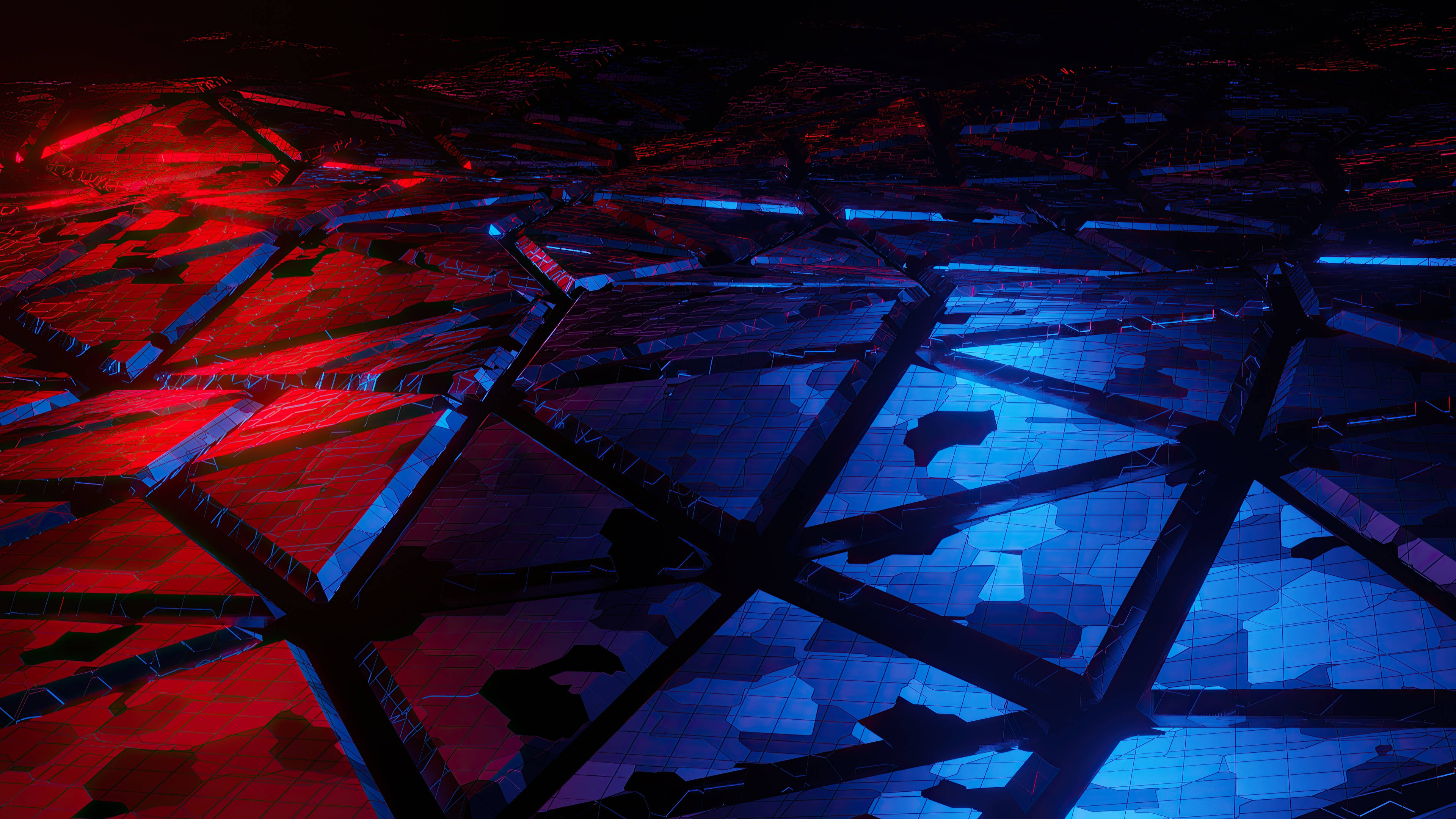 Red and Blue Metallic Pattern, neon lights, futuristic geometric surface, 4K Desktop Wallpaper