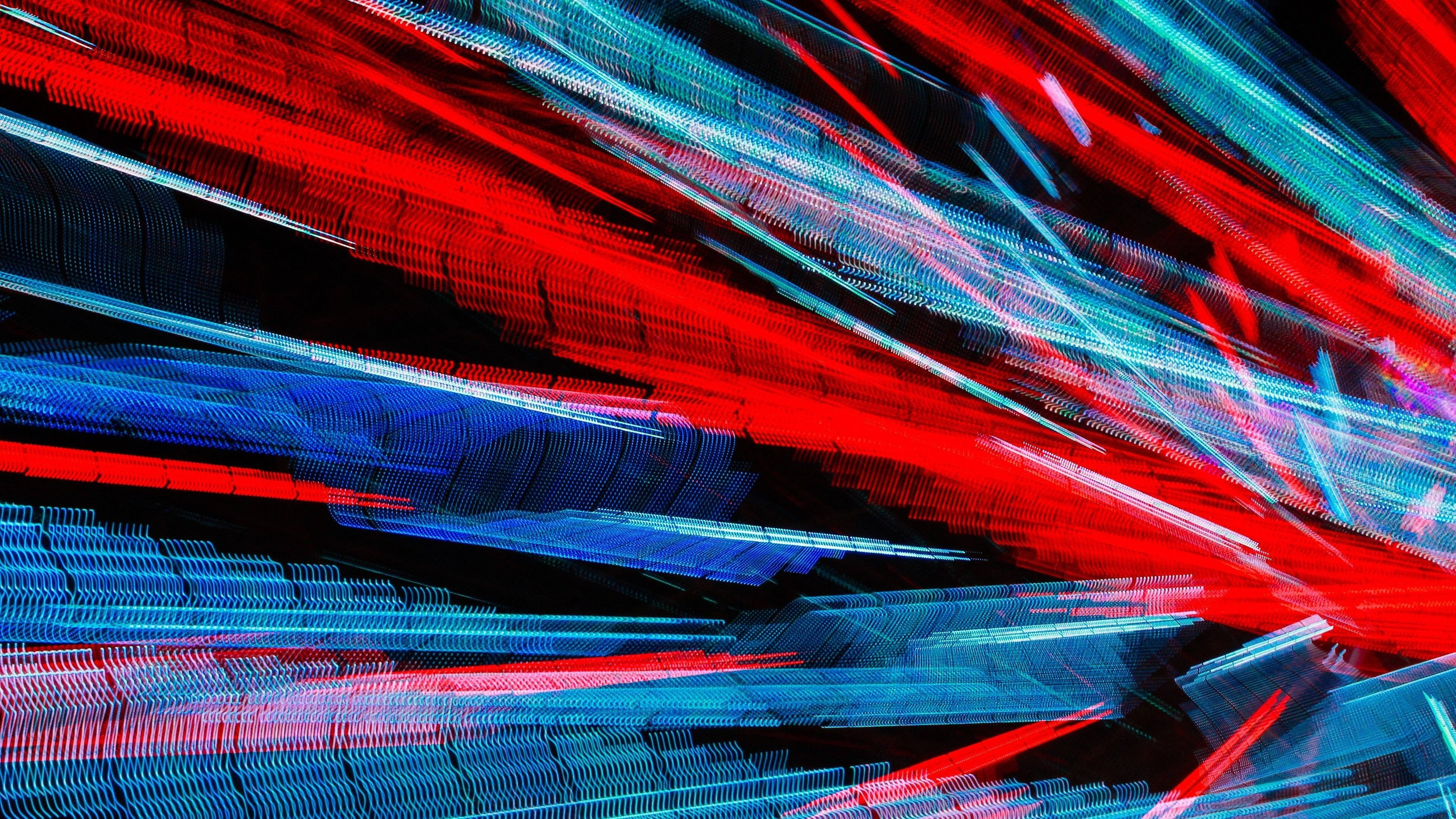 red and blue flashing lights, vibrant red and blue light streaks, black background, 4K Desktop Wallpaper