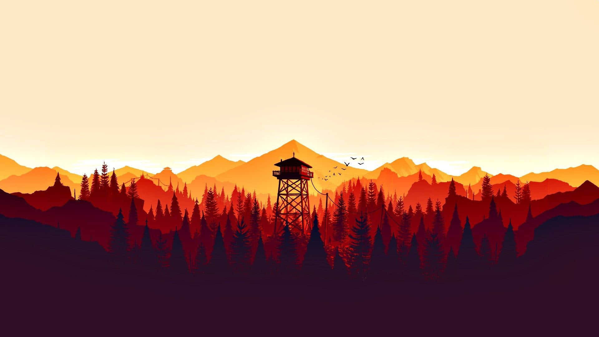 fire lookout tower, pine forests, gradient sunset sky, Full HD Desktop Wallpaper