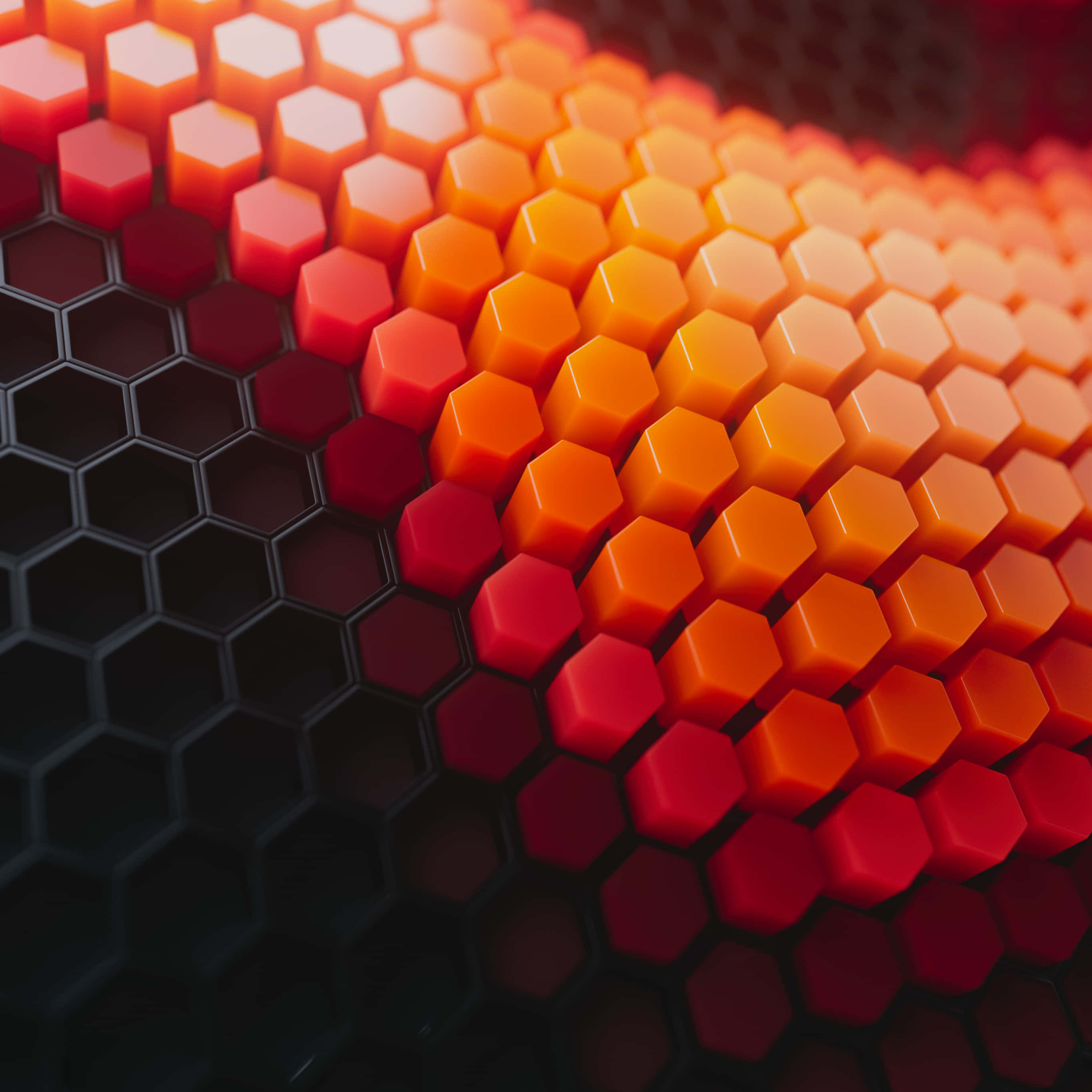 glowing red orange hexagons, dark hexagonal grid, futuristic 3d-rendered pattern, 2K Desktop Wallpaper