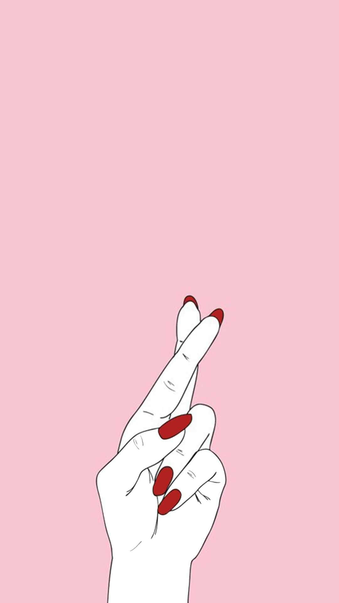 red nails, pink phone, minimalist line-art hand, Full HD Phone Wallpaper