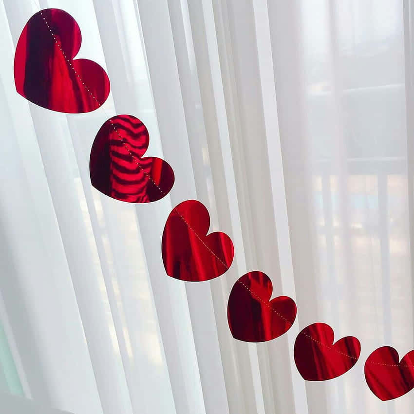 red heart-shaped decorations, shiny red, sheer white curtains, SD Desktop Wallpaper