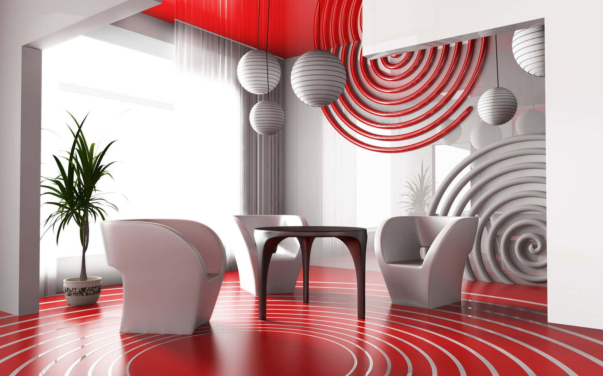 red and white spiral patterns, ceiling floor and walls, sleek white chairs, Full HD Desktop Wallpaper