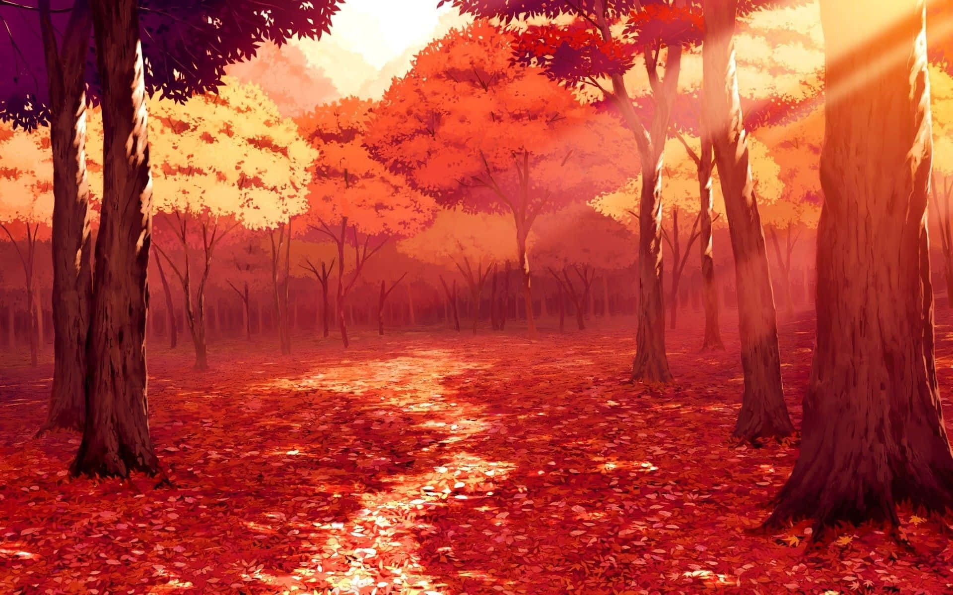 Red Anime Aesthetic, vibrant orange and red autumn trees, sunlight, Full HD Desktop Wallpaper