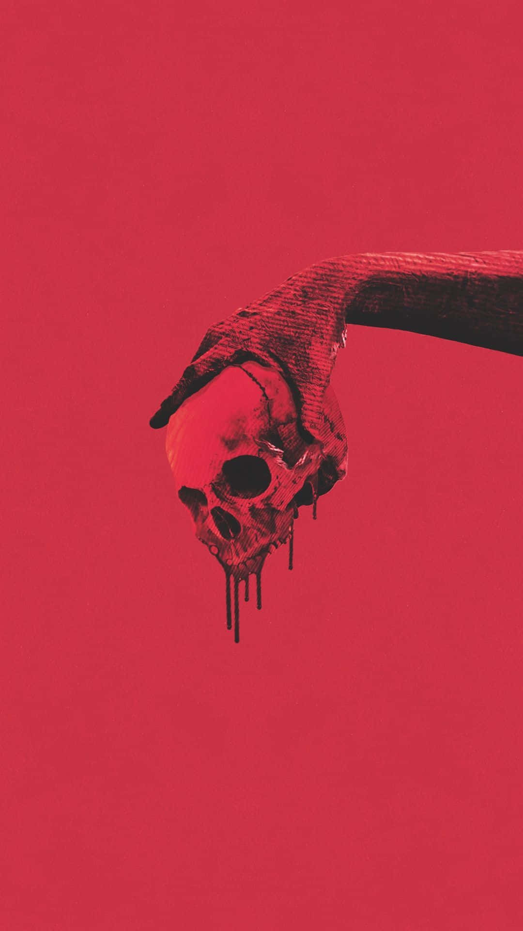 skeletal hand, dripping skull, solid crimson background, Full HD Phone Wallpaper