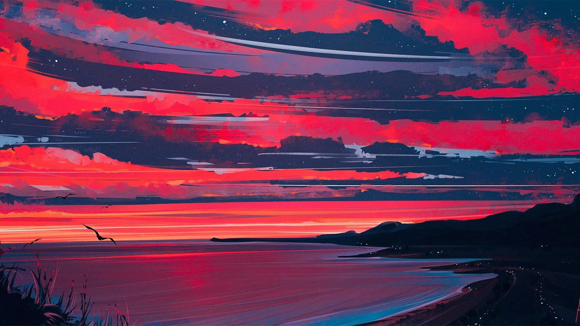 Red Anime Aesthetic, coastal sunset, fiery red clouds, Full HD Desktop Wallpaper