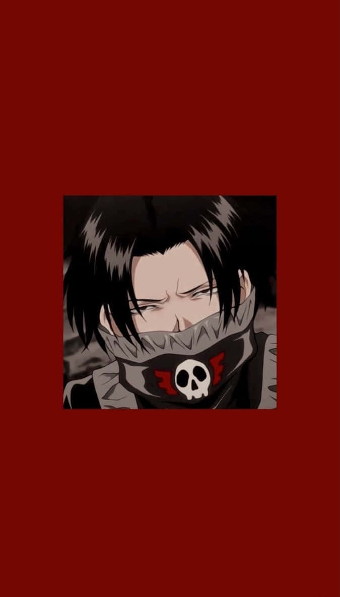black anime character, skull-emblazoned scarf, solid red background, SD Phone Wallpaper