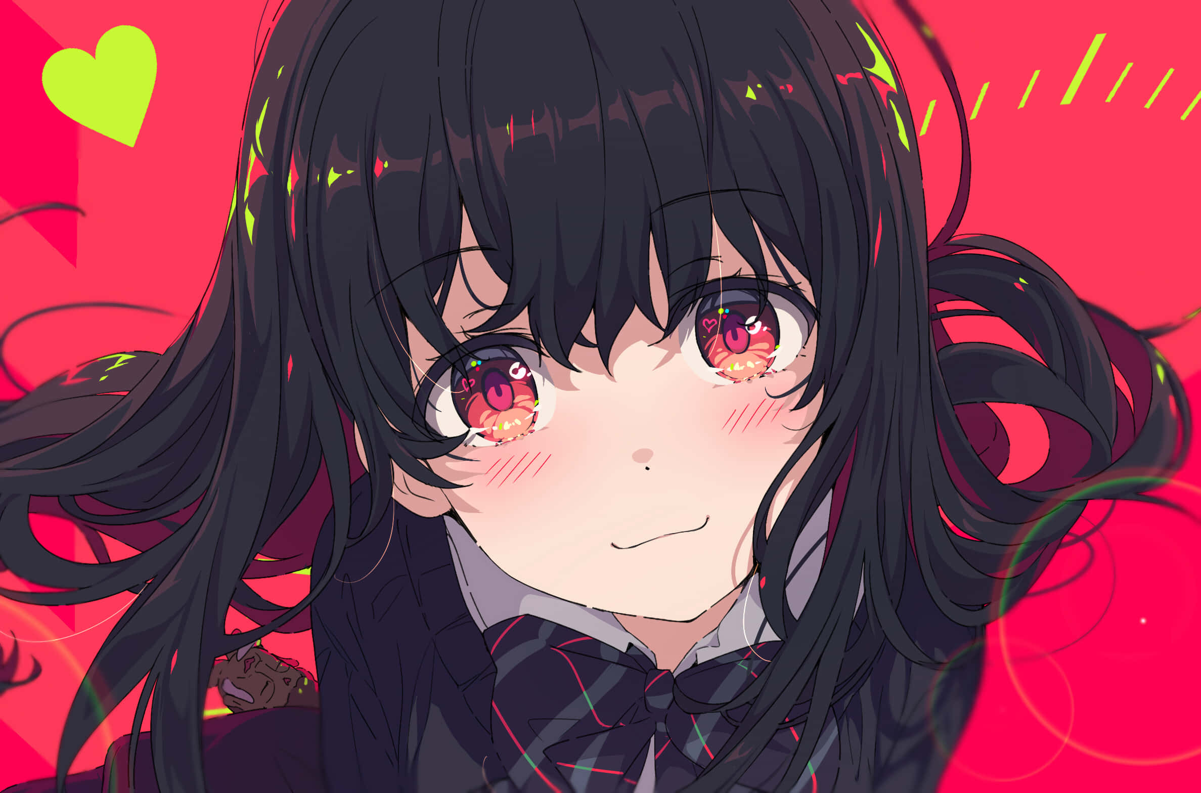 Blushing Girl With Black Hair, glowing red eyes, vibrant red background, Full HD Desktop Wallpaper