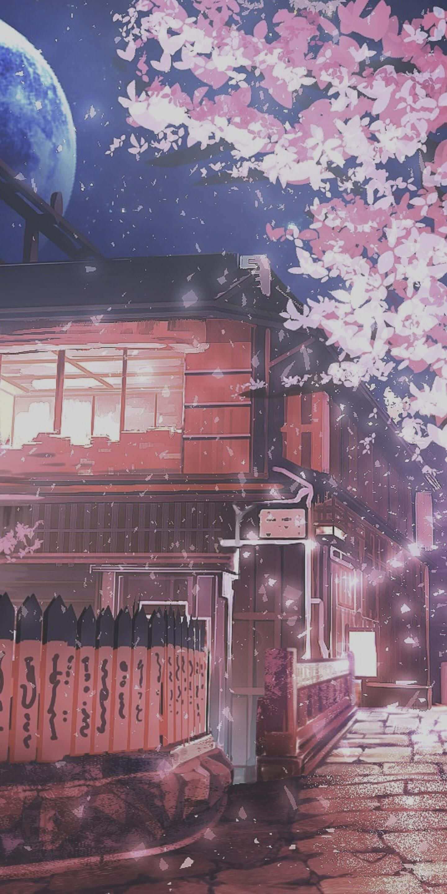 Red anime aesthetic, traditional Japanese house, cherry blossoms, 2K Phone Wallpaper