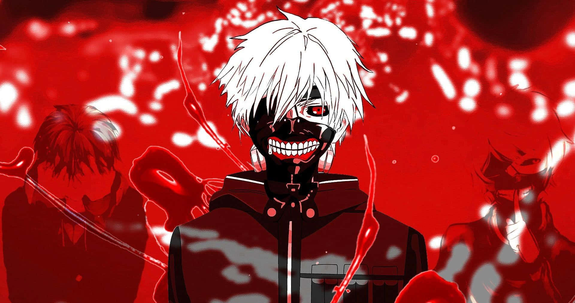 Red Anime Aesthetic, white-haired anime character, black mask, Full HD Desktop Wallpaper