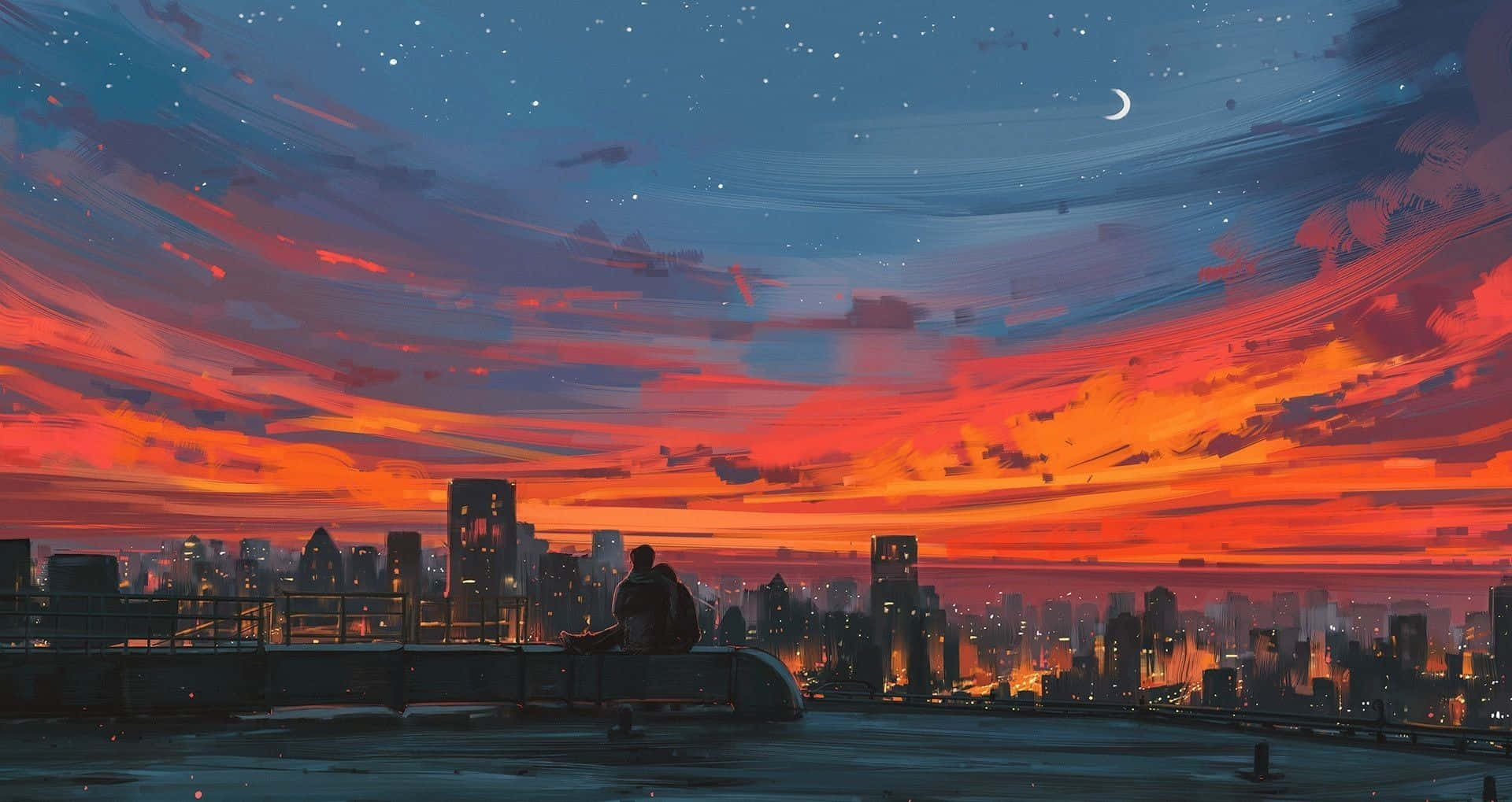 red anime aesthetic, rooftop, city skyline, Full HD Desktop Wallpaper