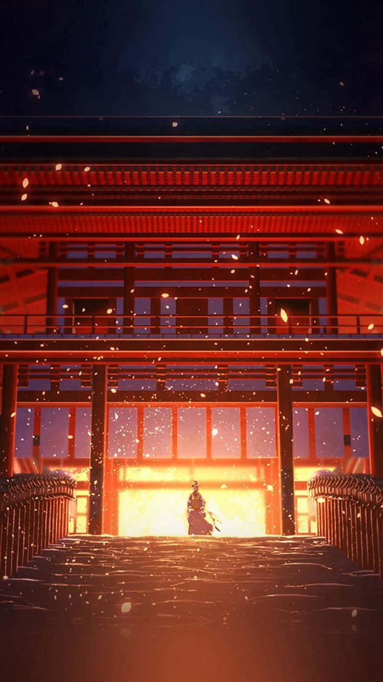 samurai, glowing red shrine, cherry blossoms, HD Phone Wallpaper
