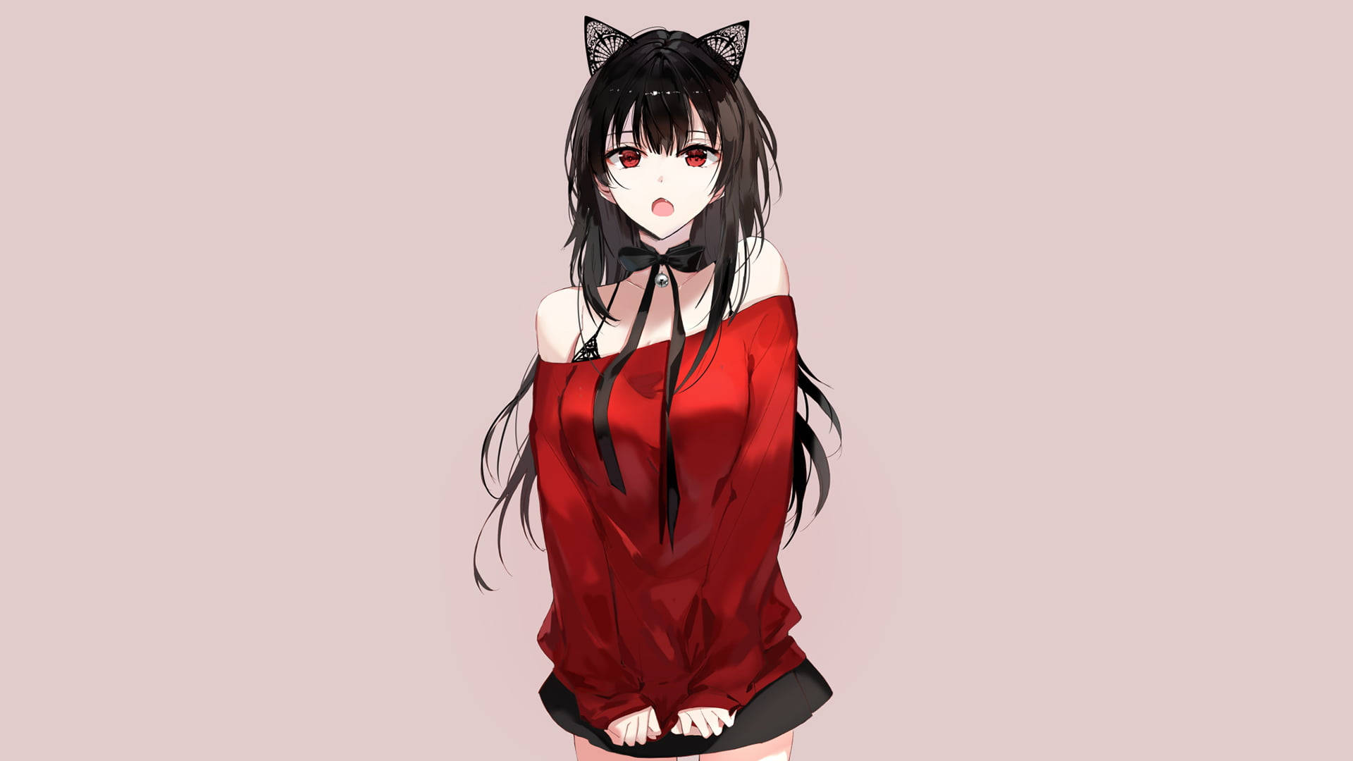 Red Anime, red eyes, black cat ears, Full HD Desktop Wallpaper