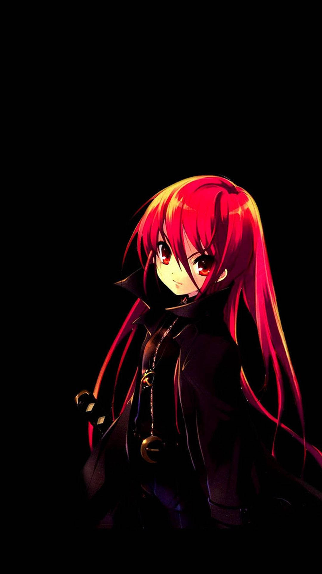 cute dark red anime girl, fiery red hair, glowing eyes, Full HD Phone Wallpaper