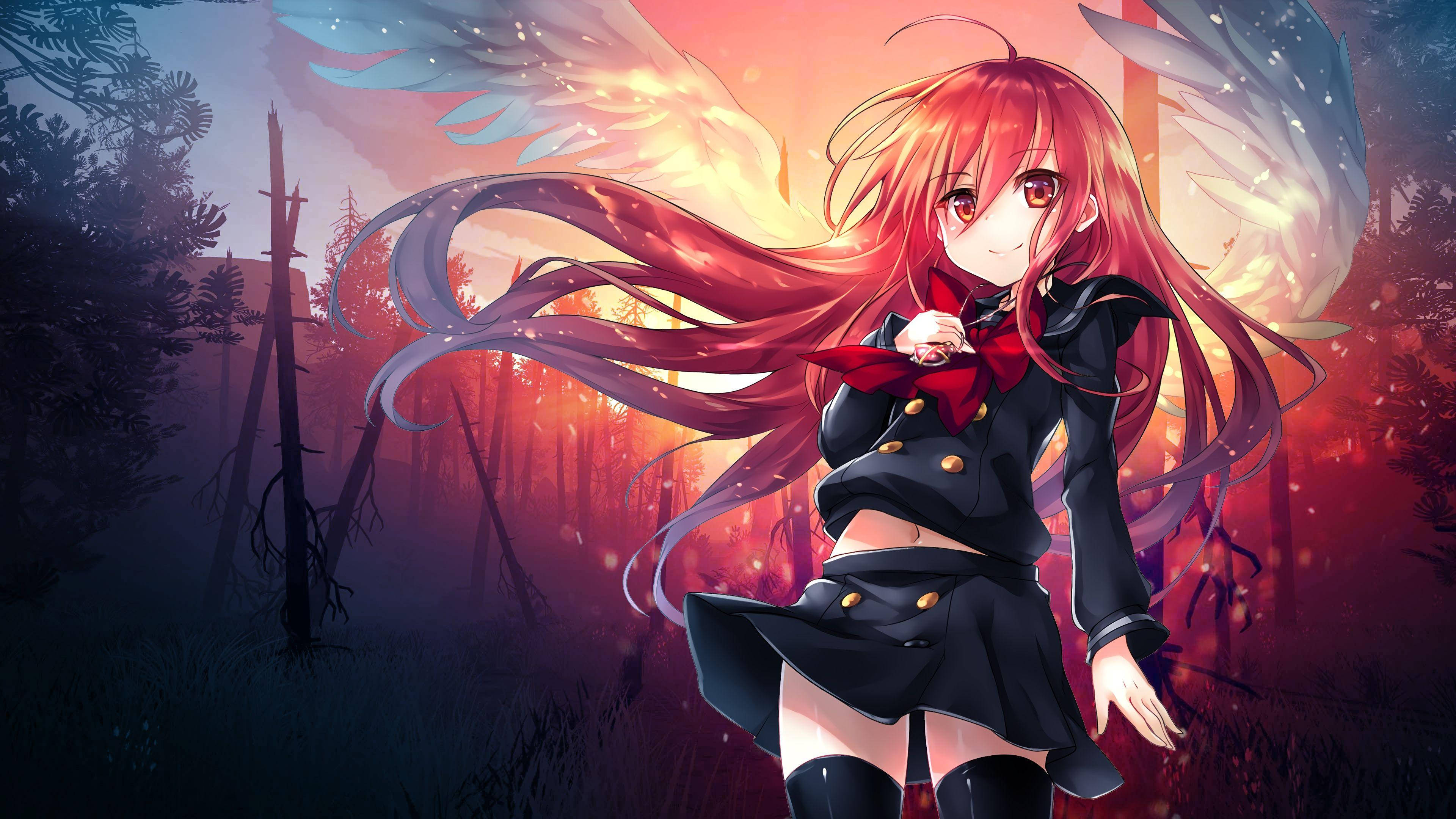 Red Anime, angel wings, fiery-haired anime girl, 4K Desktop Wallpaper