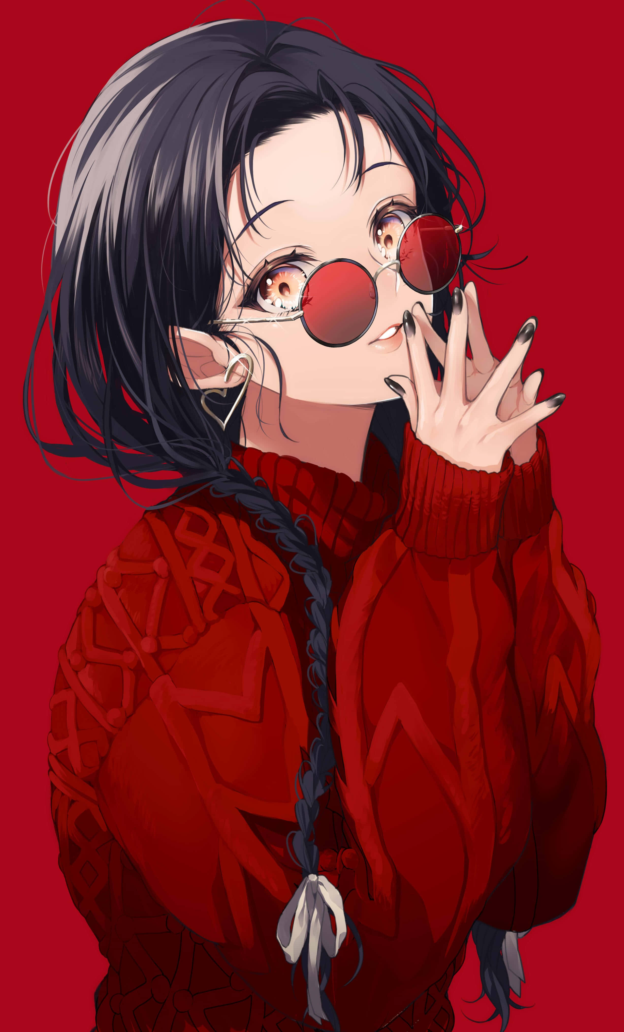 anime girl, dark hair, red glasses, 4K Phone Wallpaper