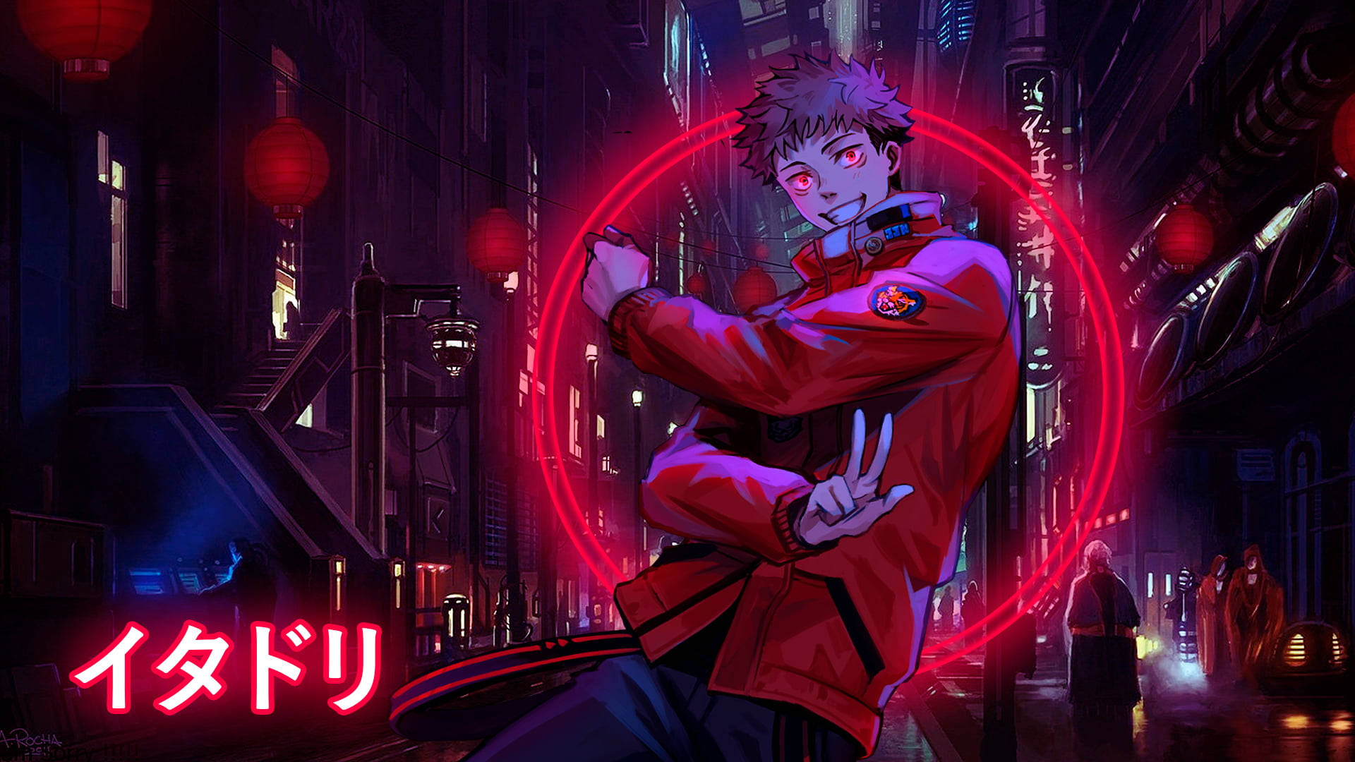 spiky-haired anime boy, red jacket, neon-lit cyberpunk alley, Full HD Desktop Wallpaper