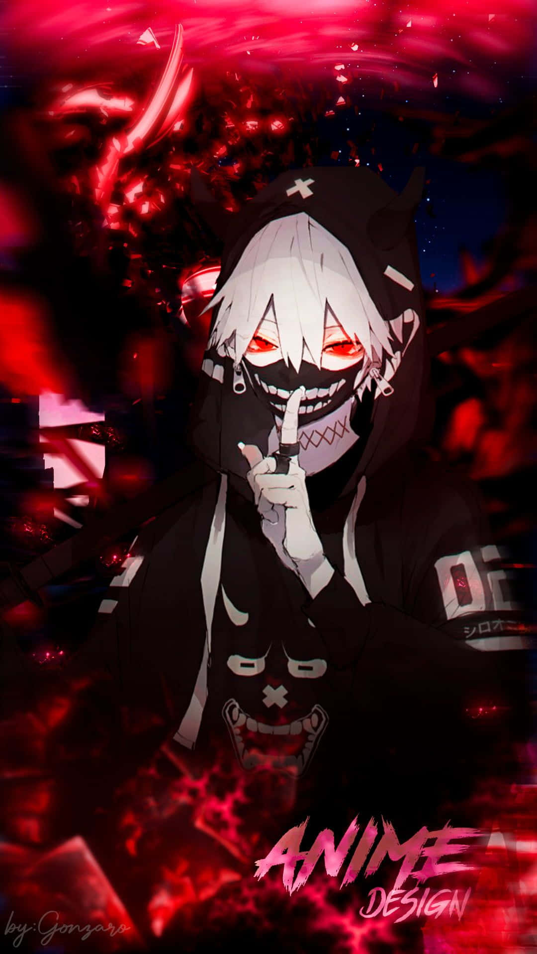 red and black anime, white hair, red eyes, Full HD Phone Wallpaper