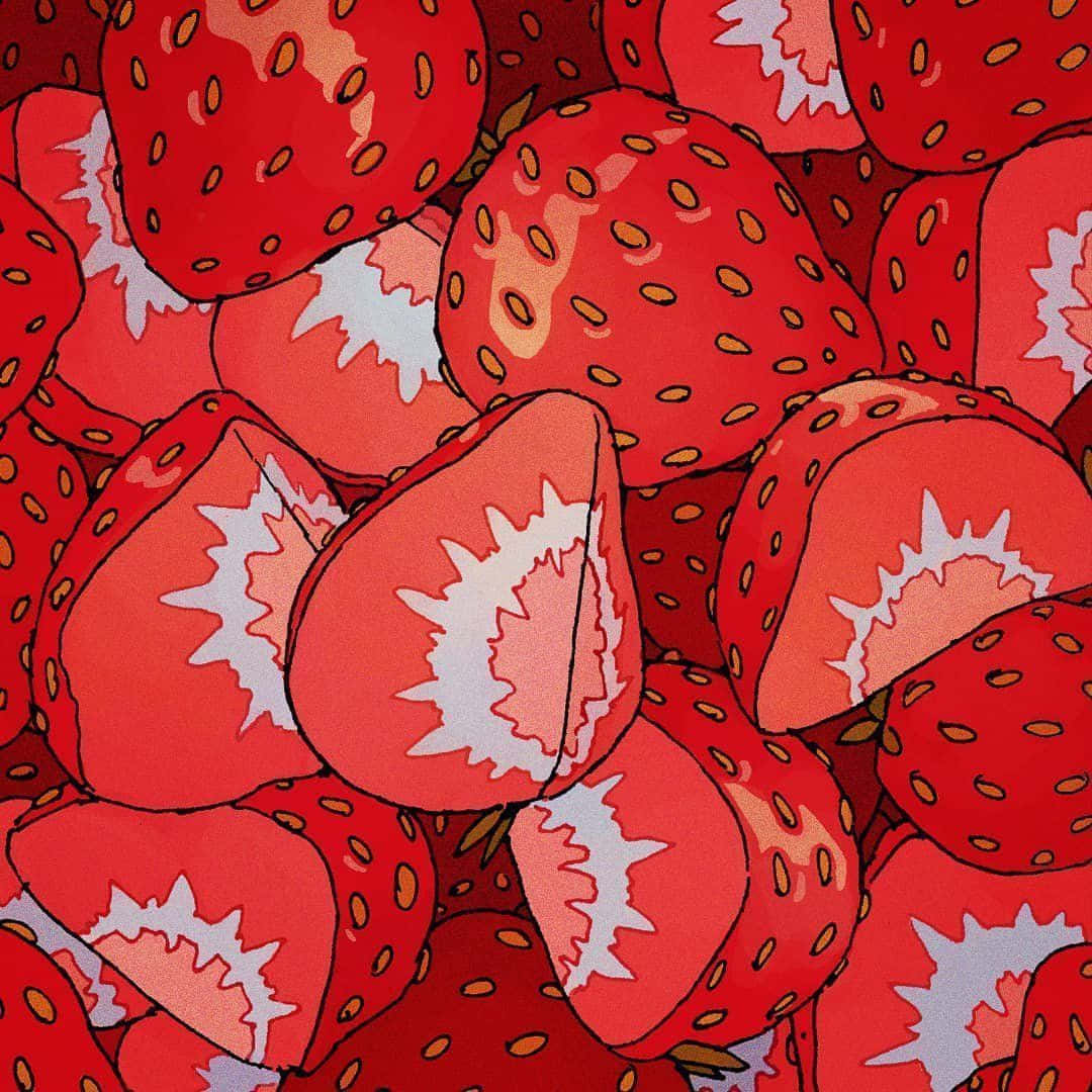 Red Anime Aesthetic, strawberries, bold outlines, SD Desktop Wallpaper