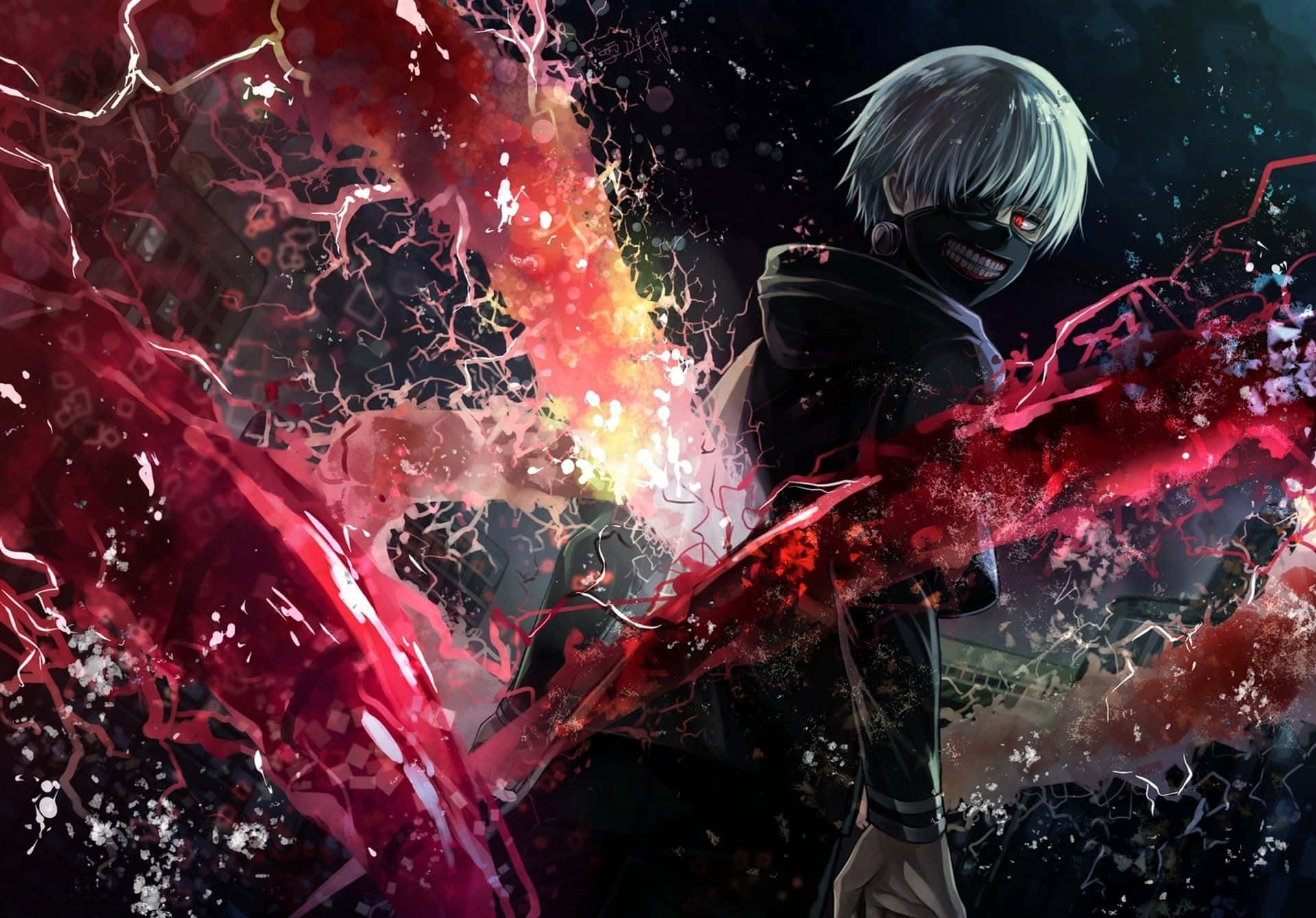 black and red anime, masked anime character, white hair, Full HD Desktop Wallpaper