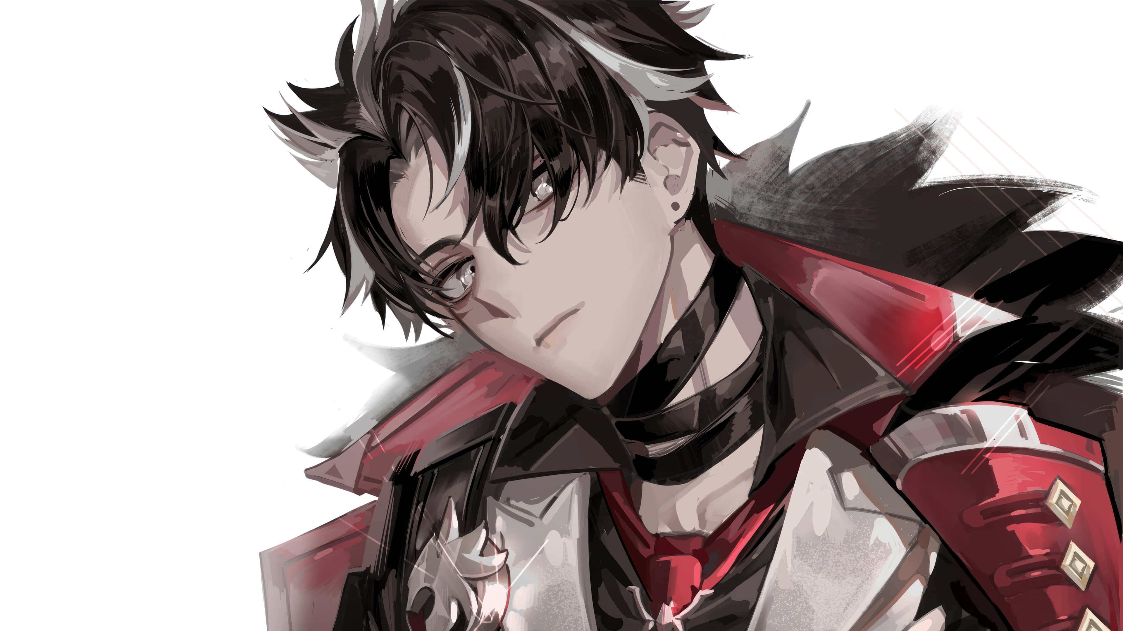 anime male, spiky black and white hair, red and black armored jacket, 4K Desktop Wallpaper