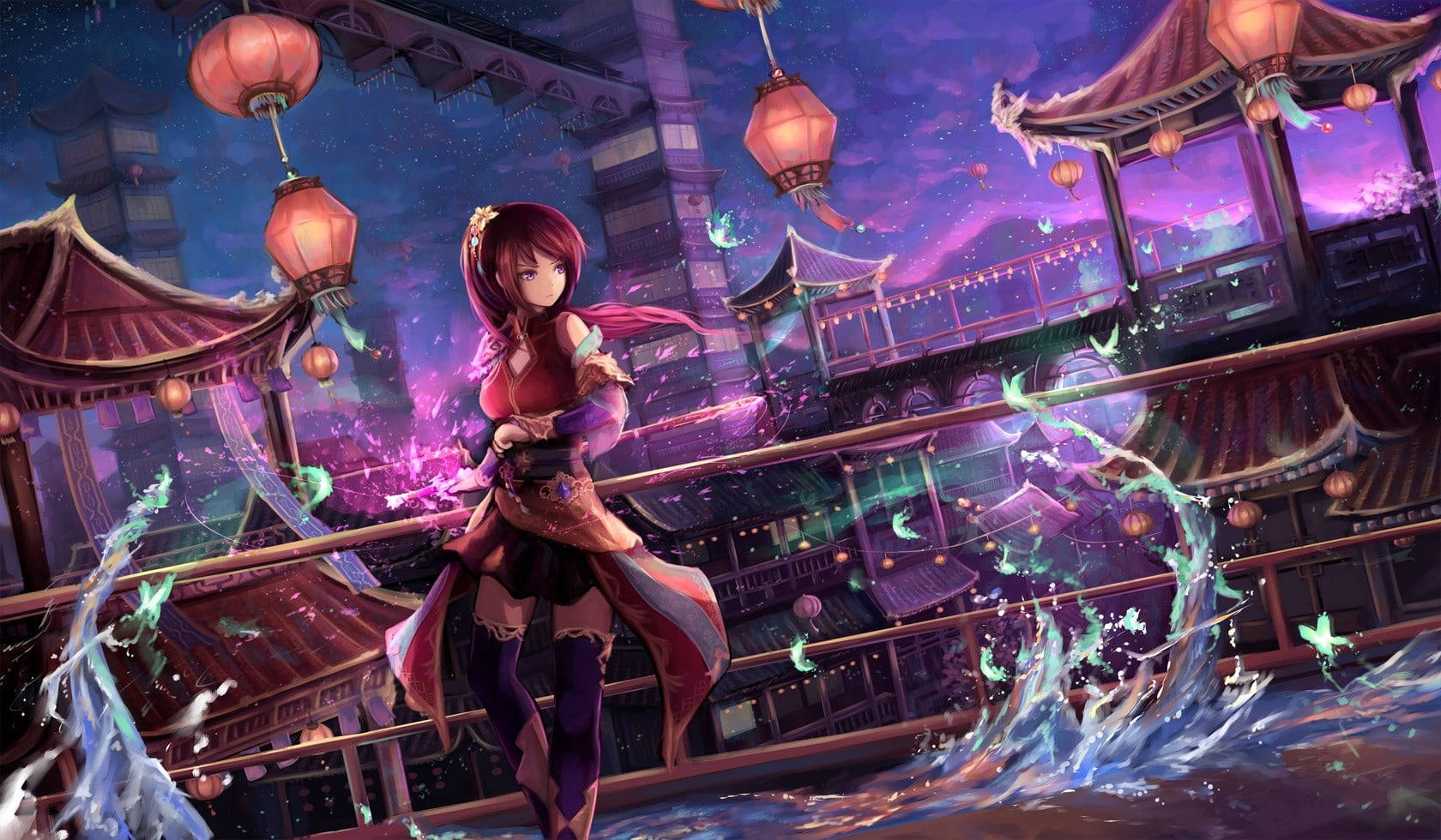 red-haired anime girl, red outfit, wooden bridge over water, HD Desktop Wallpaper