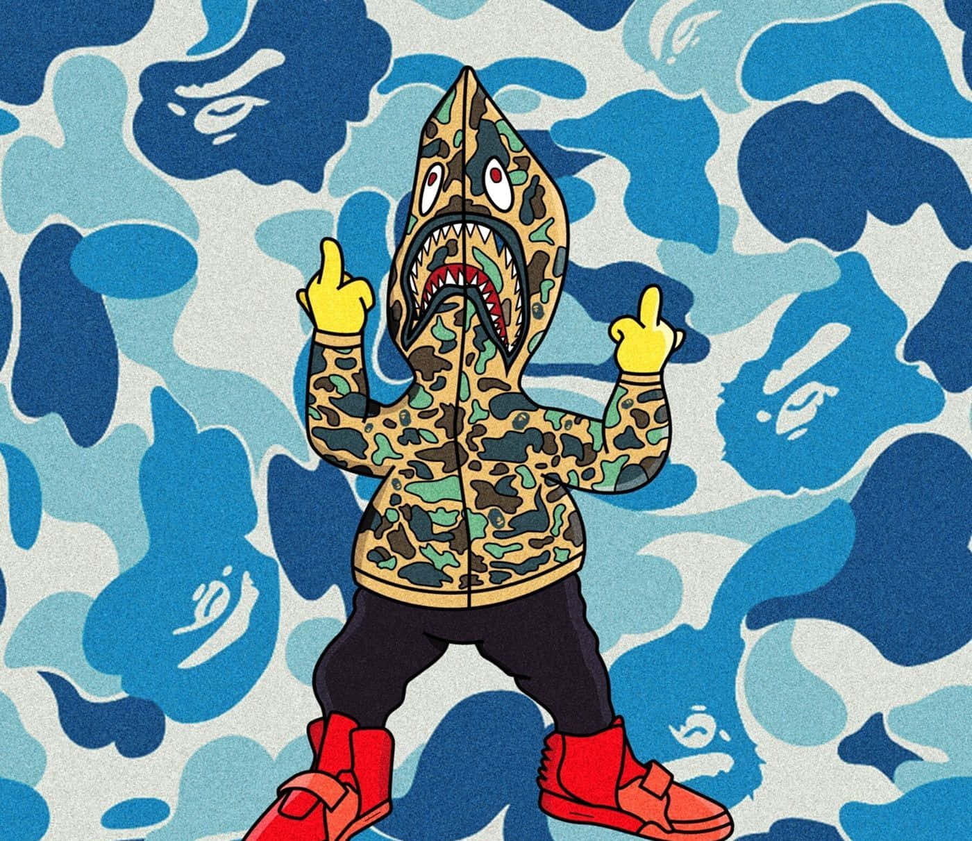 Red Bape, BAPE hoodie, cartoon shark-headed figure, HD Desktop Wallpaper