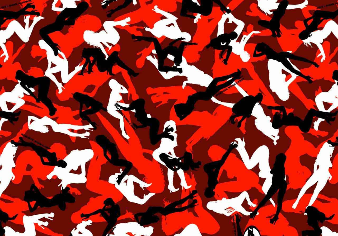 Red Bape, vivid red background, black and white human silhouettes, HD Desktop Wallpaper