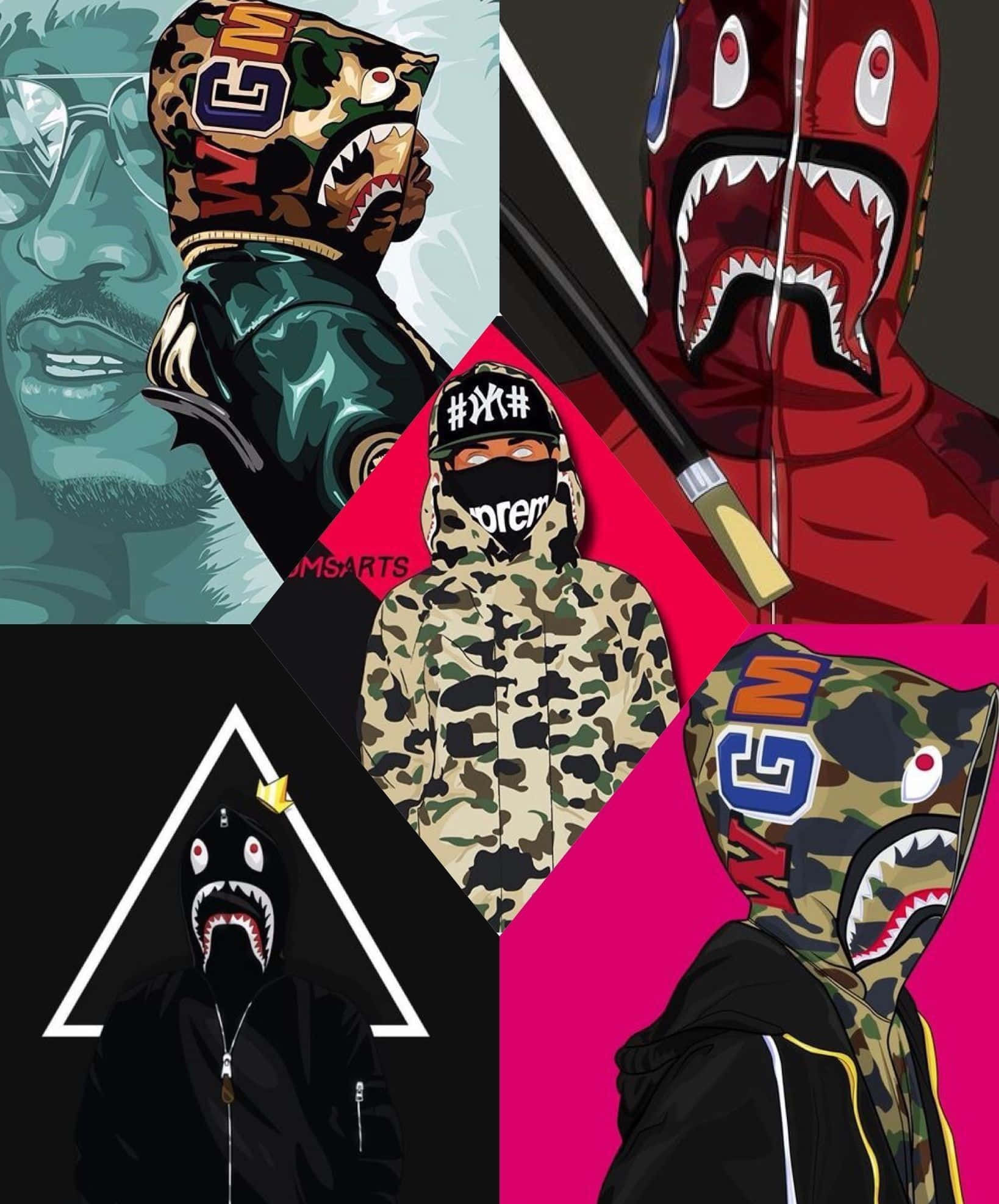 Red Bape, shark-mouth hoodie, mask, Full HD Phone Wallpaper