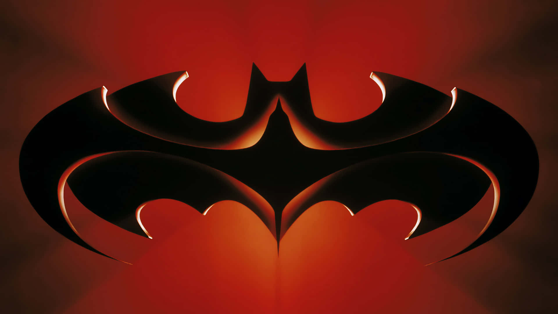 Red Batman Logo, black bat symbol, gradient red background, Full HD Desktop Wallpaper