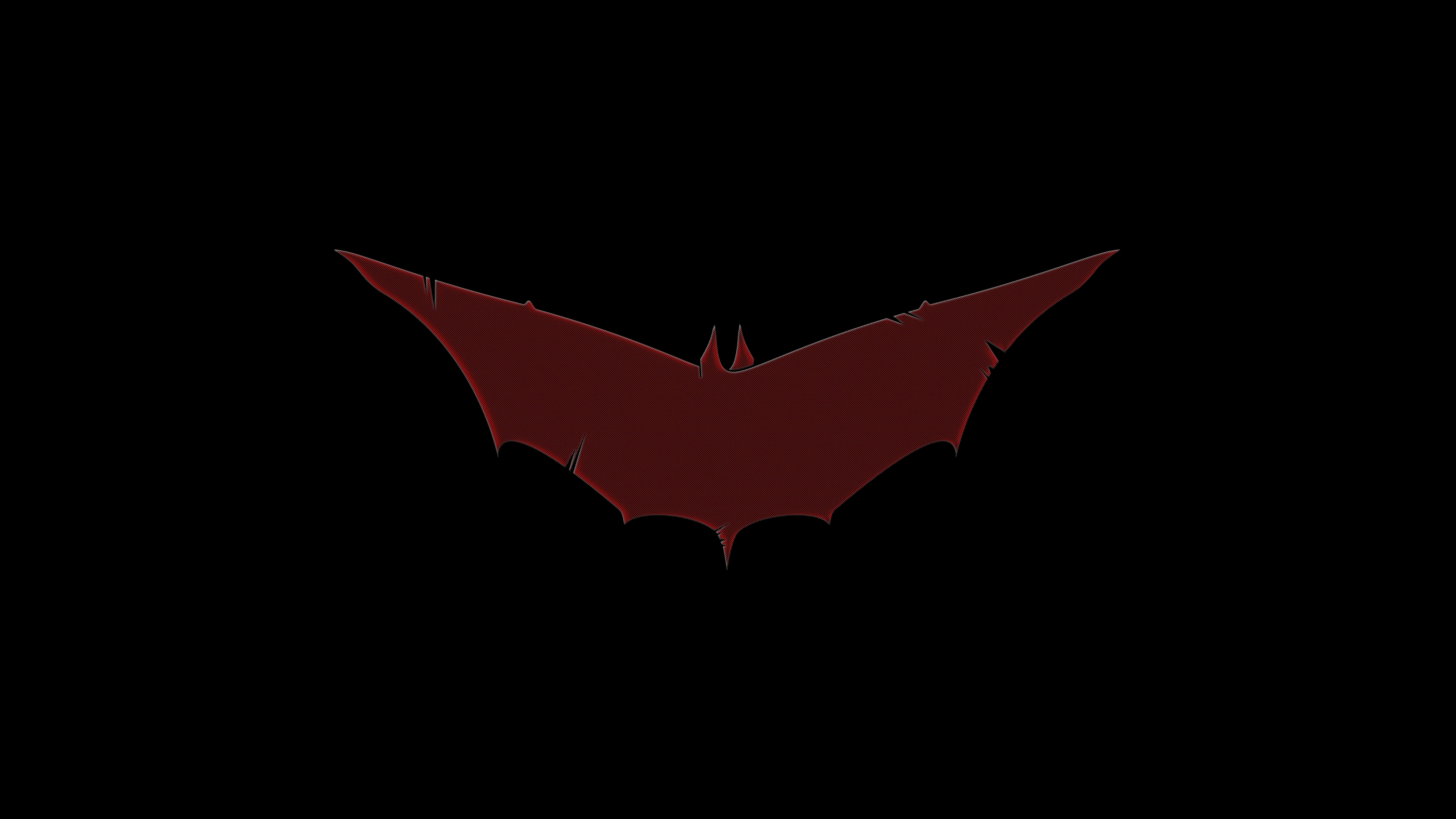Red Batman Logo, crimson bat symbol, stark black background, 8K Desktop Wallpaper