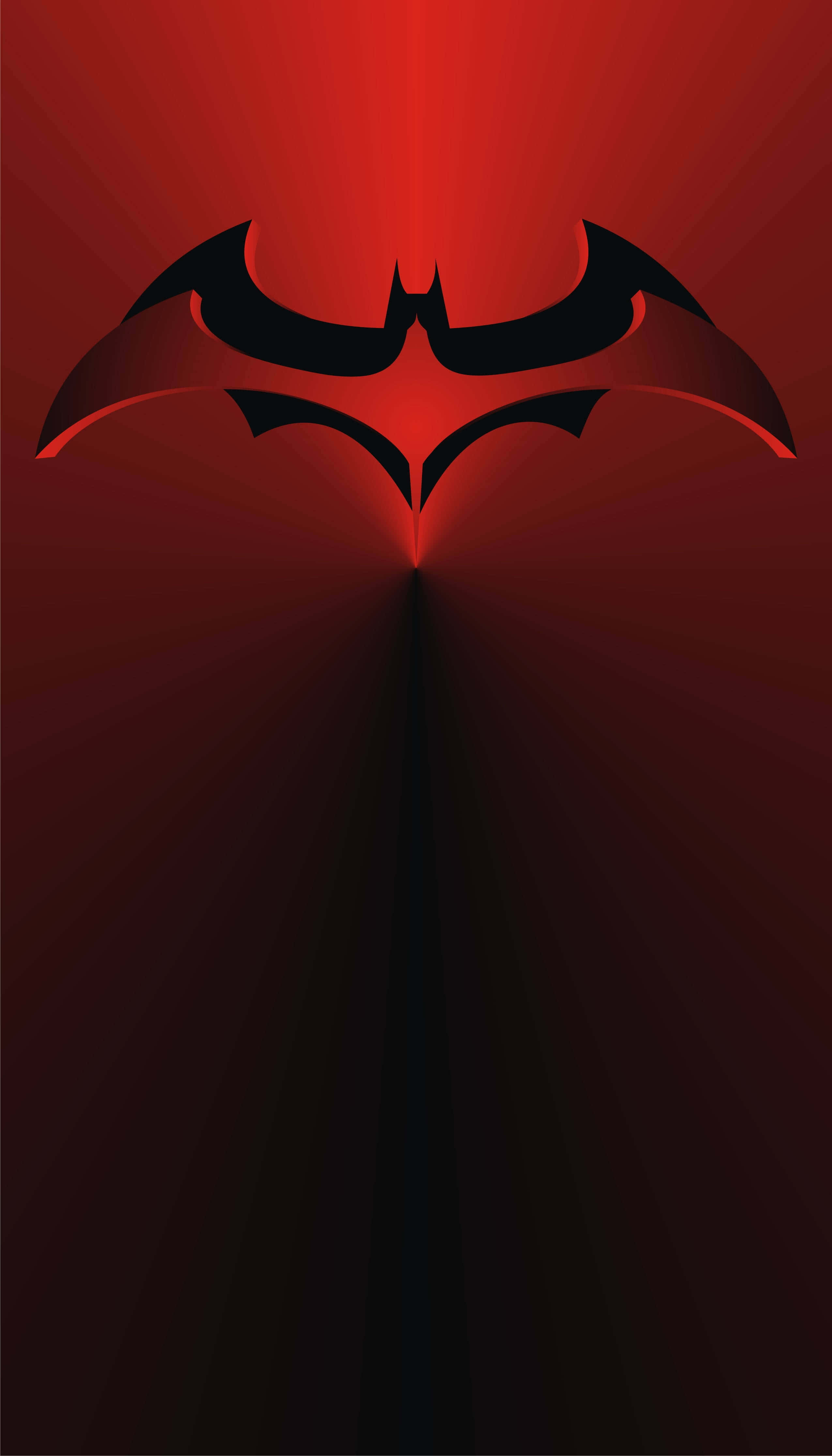 Red Batman Logo, black bat symbol, gradient red background, 4K Phone Wallpaper